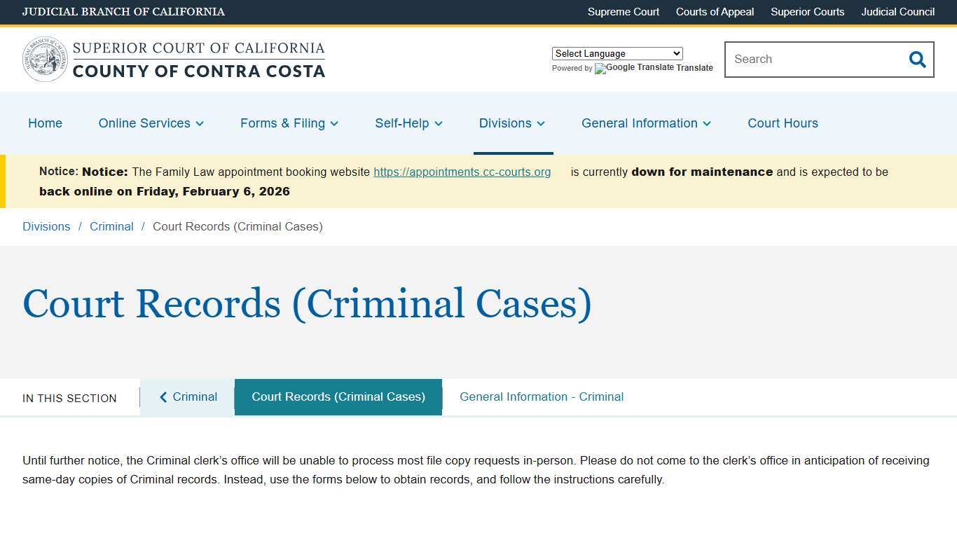 Court Records (Criminal Cases) Superior Court of California County of Contra Costa